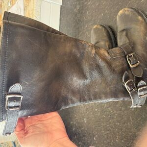 Frye Brown Leather Combat/Moto Knee Boots with Buckle Details